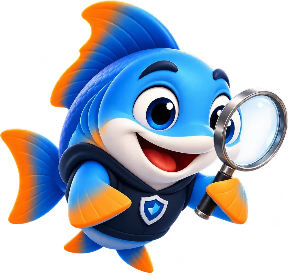 Mascota de baitfin, un pez azul con polerón de ciberseguridad, examinando detalles sospechosos con una lupa