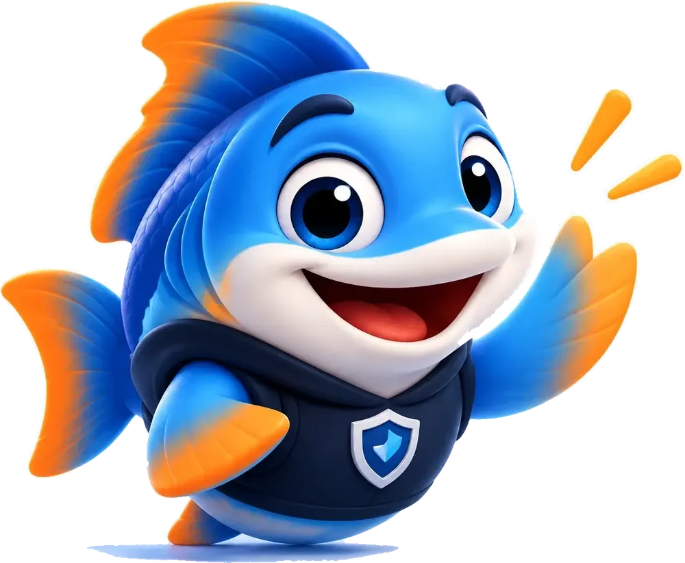 Mascota de baitfin, un pez azul con polerón de ciberseguridad, saludando